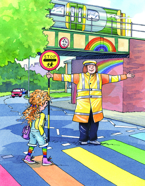 A little girl crosses the road on a colourful zebra crossing, with the help of a lollipop lady. A train is going over a bridge and around the bridge are painted several rainbows.