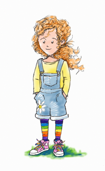 Illustration of a young girl, with rainbow stockings, standing.