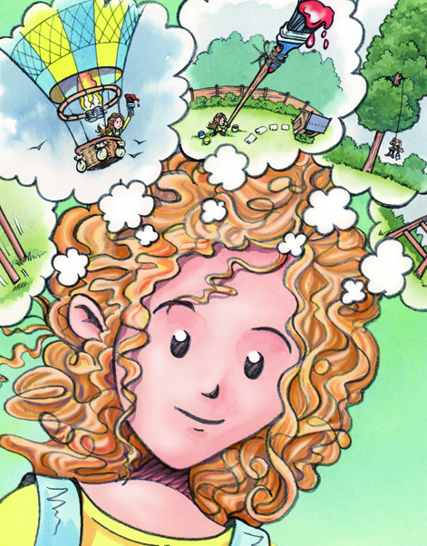 Illustration of a young girl thinking , with thought bubbles around her head.