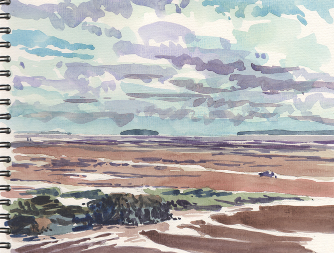 Watercolour sketch showing Steep Holm island in the Bristol Channel and a beach at low tide.
