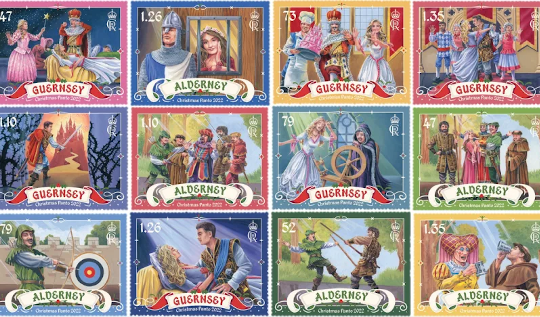 Two sets of stamps from Guernsey & Alderney featuring the new Christmas Pantomime stamps.