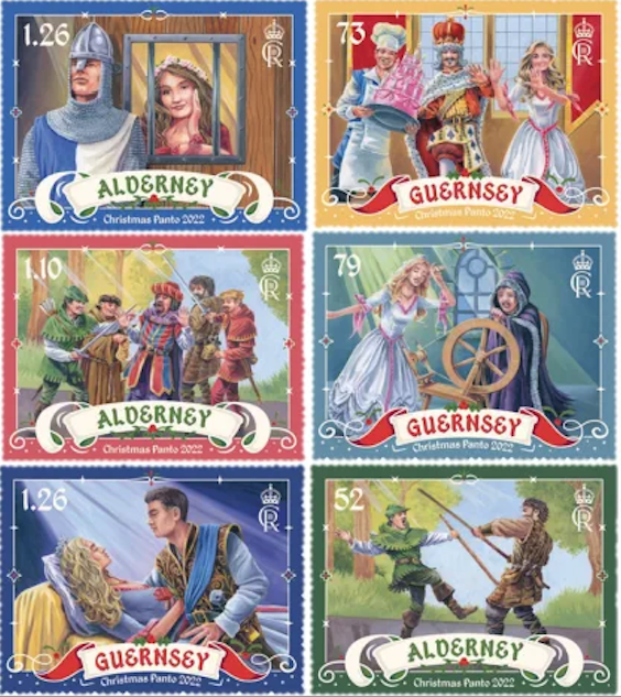 Six stamps from Guernsey & Alderney featuring Pantomimes