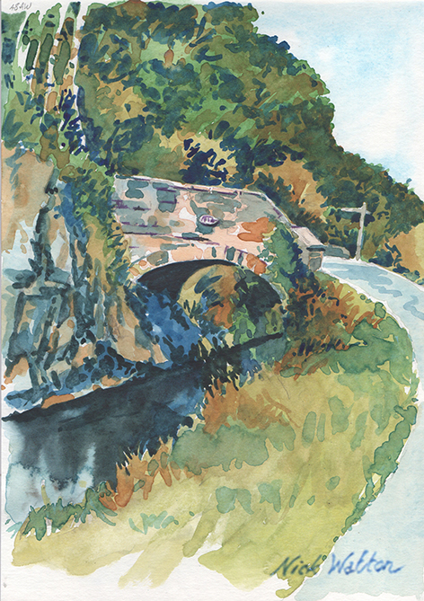 Llangollen canal bridge, No. 48aw Watercolour sketch of llangollen canal and bridge no. 48aw, by artist Nick Watton