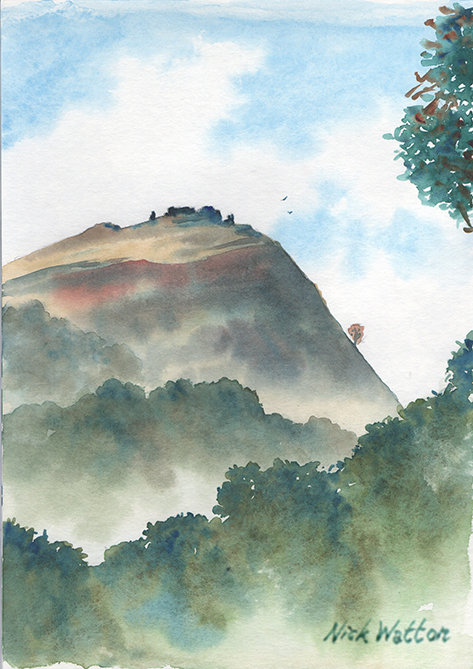 Castell Dinas Brân Watercolour sketch looking up at the steep, misty slopes of Castell Dinas Brân by artist Nick Watton