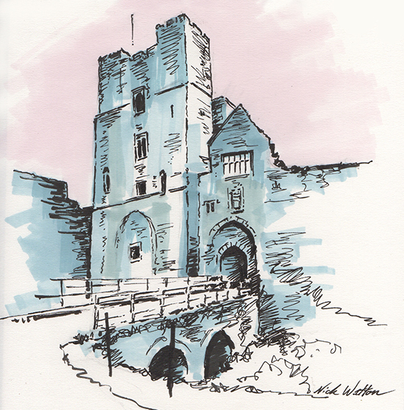 Ludlow Castle Brushpen, fineliner and marker sketch of Ludlow Castle's Great Tower by artist Nick Watton