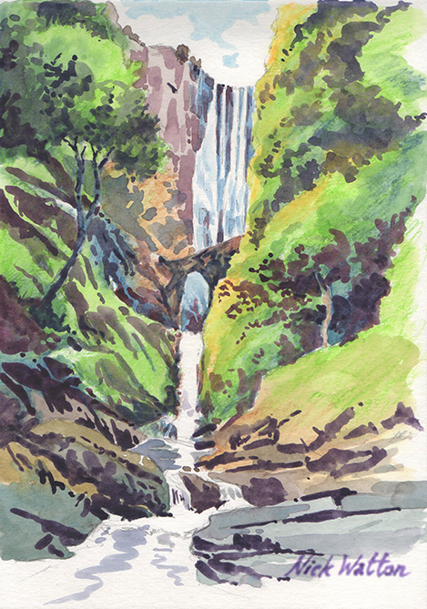 Pistyll Rhaeadr waterfall Watercolour of the beautiful Pistyll Rhaeadr waterfall, by artist Nick Watton.