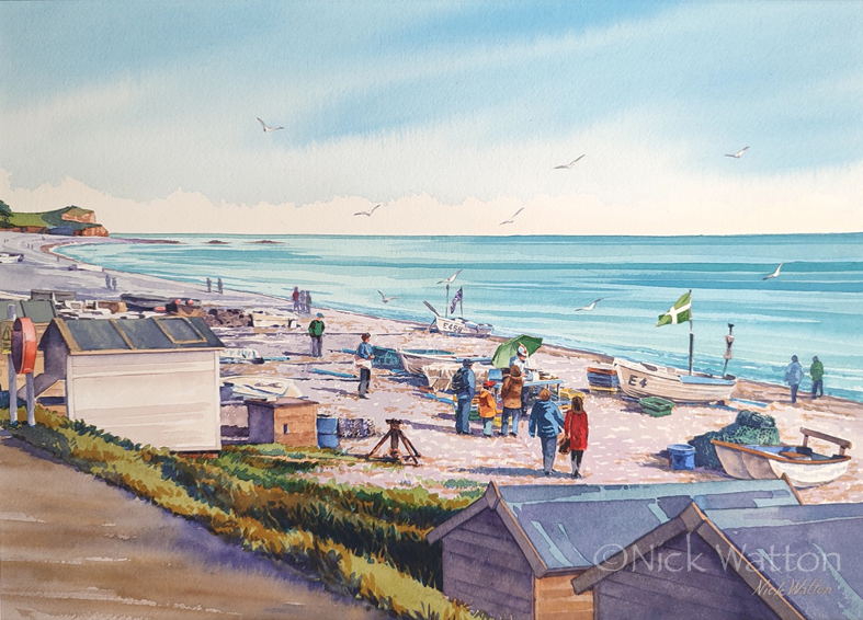 Watercolour painting, by Nick Watton, looking along the beach at Budleigh Salterton. Showing the fish stall and people walking to it.