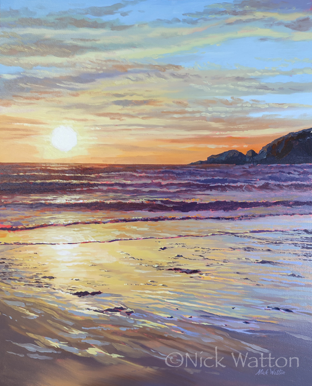 Oil painting by Nick Watton, of a low sun of the waves of Praa Sands beach, Cornwall.